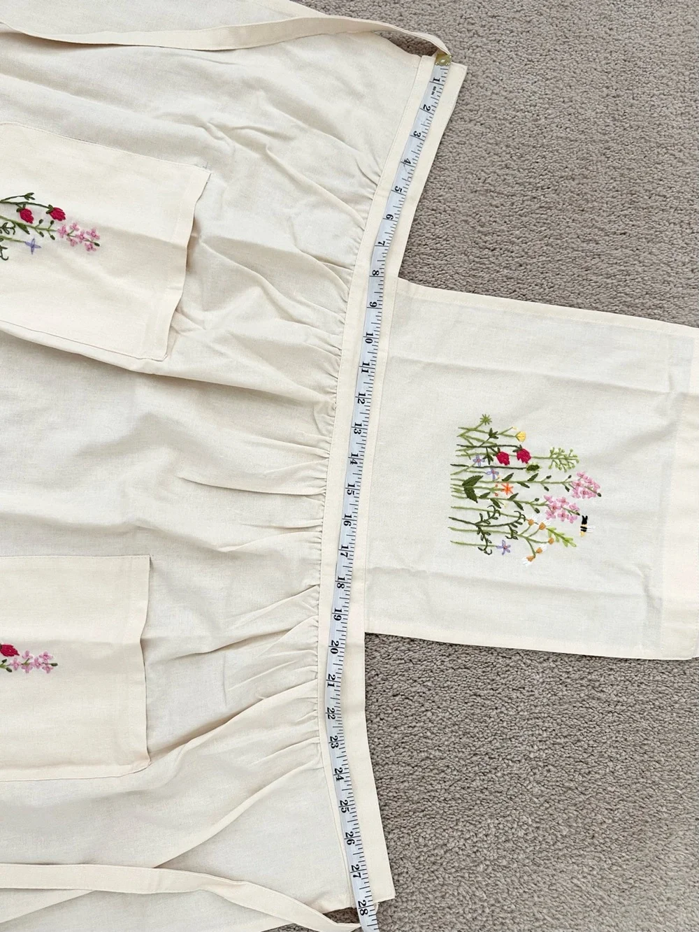 Floral Hand-Embroidered Cream Apron With Wildflower Garden / Bee Motif